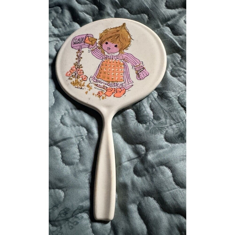 VTG Child's Mirror Hand Held  Mailbox Girl Letter Round Plastic White 70s